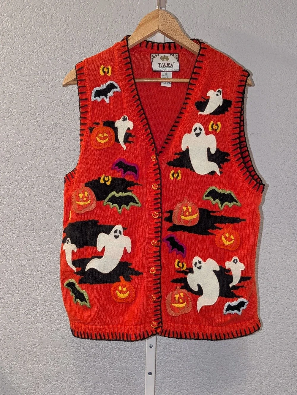 VTG Tiara International Halloween Sweater Vest L Ghost Pumpkin 2000